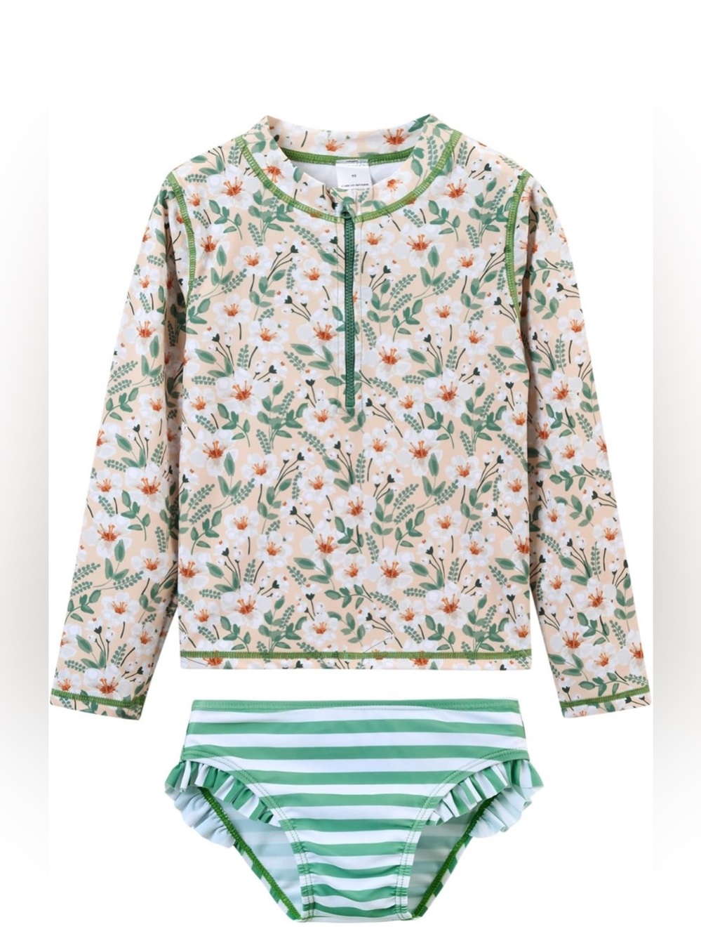 Kids Floral Long-Sleeve Rash Guard Set - Green/Peach